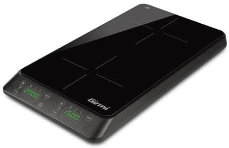 Girmi PI52 Fornello a Induzione Doppio, 3500W (2000W+1500W), Salvaspazio, Display Digitale 4 Cifre, Comandi Soft-Touch, Timer 180 Minuti, Adatto per Pentole Ø 8–26cm