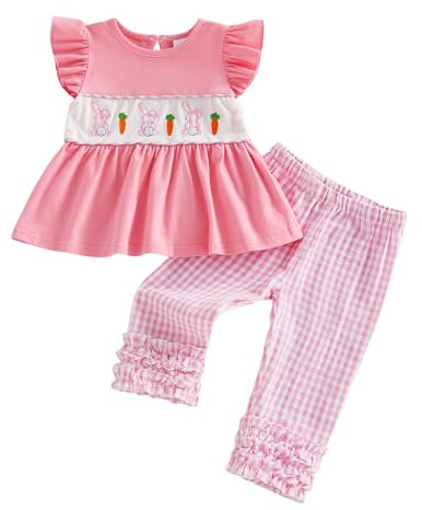 MAHUAOYIXI Toddler Baby Girls Easter Outfits Bunny Carrot Embroidery Flying Sleeve Tops T-shirts with Elastic Waist Plaid Pants 2Pcs Set Baby Clothes for Girls (Pink, 2-3 Years)