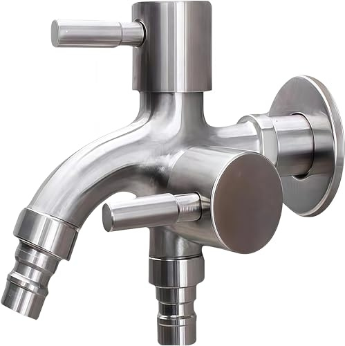 1/2 Zoll Doppel Wasserhahn,Multifunktionaler Auslaufhahn aus Edelstahl,Doppelanschluss Und Schlauchtülle,Universal Doppel Auslaufhahn Geeignet für Waschmaschine, Küche, Badezimmer, Garten