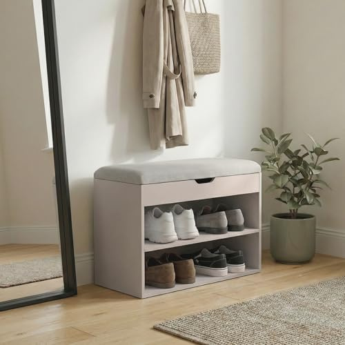 EDAXO BOXIMO Schuhschrank mit Sitzbank, 60 x 30 x 47 cm, MDF und Polyester Bezug, Flurbank mit Stauraum, Schuhaufbewahrung für Eingangsbereich (beige)