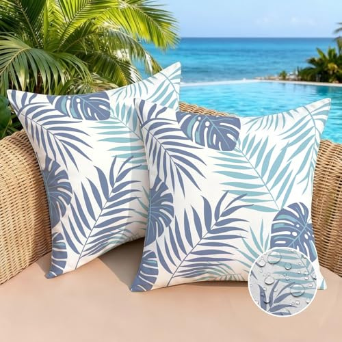 Brylleii 2er Set Outdoor Kissenbezug Wasserfest 50x50 Wasserdicht Kissen Petrol Blau Grau Kissenbezüge Blattmuster Wohnzimmer Modern Zierkissen Dekokissen für Garten Sofakissen Couch Dekoration