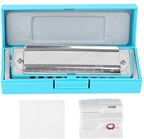 Blues Harmonica Mundharmonika E Tonart 10 - Loch, 1.0mm Messingbasis, ABS Gehäuse Schwarz - Phosphor Bronze Zungen, Rostfrei, Ideal für Anfänger und Bühnenauftritte (Blau)