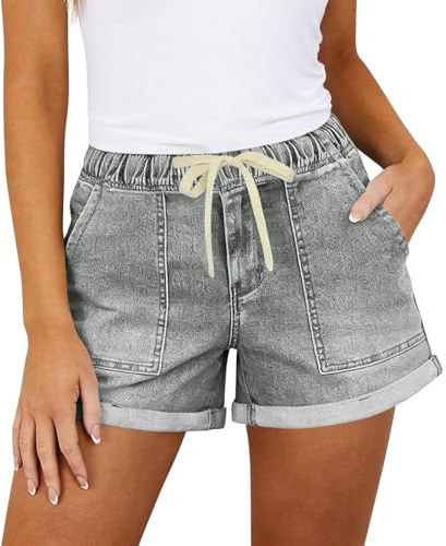 Short en jean haute stretch décontracté tendance coupe régulière femme style streetwear délavé confortable idéal été toutes saisons nettoyage facile machine main pour usage quotidien (Grey, S)