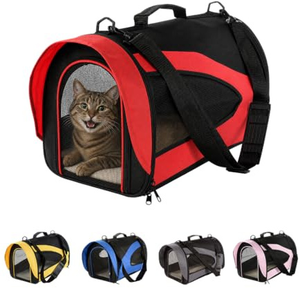 Floofy Friends Pet Carrier Bag, Large Cat Carrier Puppy Dog Carrier for Small Dogs Cats Kittens Rabbits With Reversible Fleece Mat, Foldable Travel Crate for Car - Red