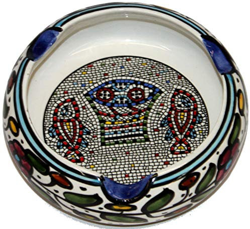 Heiligen Land Markt Runde Keramik Aschenbecher mit Fisch und Brote – tabgha oder Wunder der Multiplikation (Fisch und Brot) Design (15,2 cm in Durchmesser) – Groß – Asfour-Outlet Markenzeichen