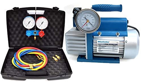3S SuperSamaStore KT.42S2 Pompa del Vuoto Monostadio 42 L/min con Set Manometrico 2 Vie per Gas R410A R32 R407C R134A, Kit Refrigerazione con Manometri e Tubi