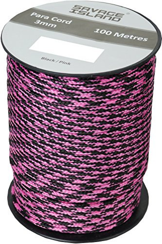 100m Reel Paracord Army Camping for Tent Basha Bivi Shelter Buidling Hammock Gardening Bushcraft in Green, Black, Coyote and Red Colours (Black/Pink)