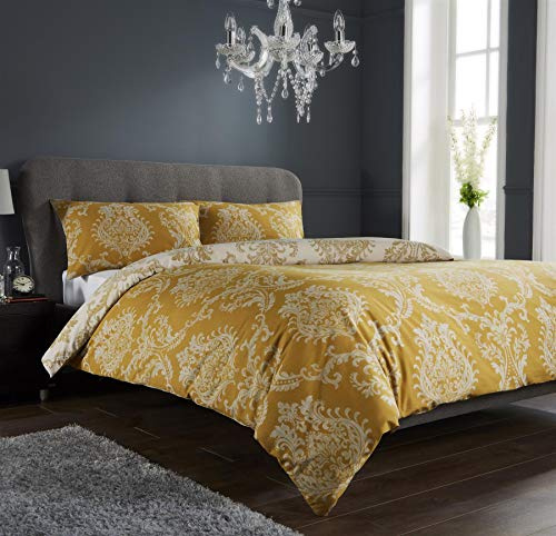 Olivia Rocco Royal Damask Duvet Cover Set Easy Care Quilt Covers With Pillowcases Cotton Rich Reversible Bedding Bed Linen Sets (Single, Gold)