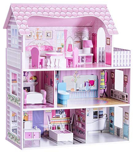 COSTWAY Casa delle Bambole in Legno per Bambina Giocattolo dei Bambini 3 Piani con Mobili e Accessori