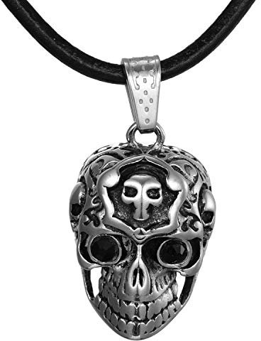 DonDon Herren Leder Halskette 50 cm Tribal-Totenkopf Anhänger Edelstahl im Schmuckbeutel