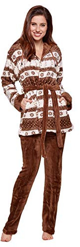 Selente Sweet Dreams Soffice completo donna per casa in caldo pile: vestaglia con tasche, cappuccio, cintura e pantaloni, marrone neve, M