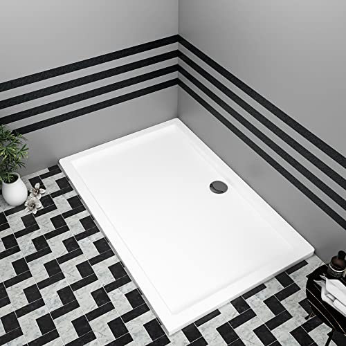 Nuie Bathroom 1600 x 900mm Shower Tray Gloss White Slimline 40mm Stone Resin Rectangular Base with Free Waste Trap Kit