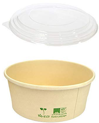 PZ 50 INSALATIERA ROTONDA BIO IN CARTONCINO AVANA CC 750 + PZ 50 COPERCHI BIO PER INSALATE ED ALIMENTI DA ASPORTO