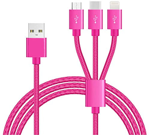 TheMax® Multi Charging Cable, 1.2m Nylon Braided 3 in 1 Multiple Charging Cable Hot Pink with Micro USB Type C iOSiPhone Charger Connector for Android Samsung, Nokia, LG, Kindle (Hot Pink)