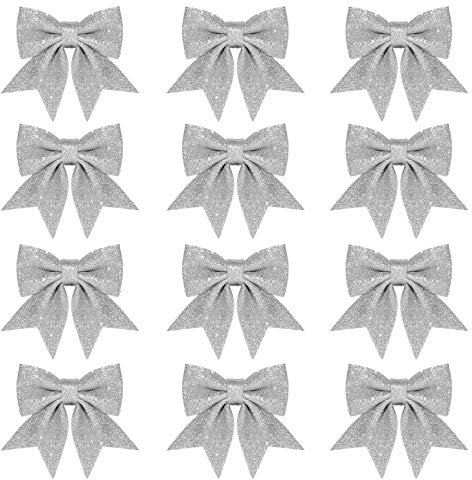 Whaline 12 x Weihnachtsschleifen, Dekorationen, für Kränze, kleine Weihnachtsbaumschleife, Pailletten-Fliege, Weihnachtsdekorationsschleifen für Zuhause, Weihnachtsfeier, 14 cm