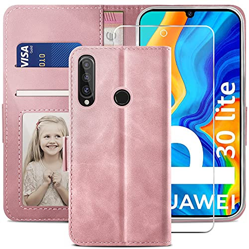 YATWIN Handyhülle für Huawei P30 LITE Hülle +1 Stück Panzerglas Schutzfolie, Klapphülle Huawei P30 LITE Premium Leder Brieftasche Schutzhülle [Kartenfach][Stand] Handytasche Case für P30 LITE, Rosa
