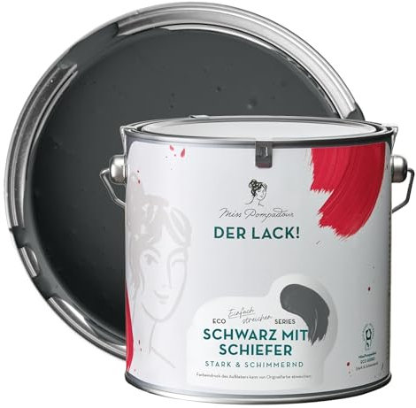 MissPompadour seidenmatte Holzfarbe Innen & Außen 2,5L Schwarz mit Schiefer, Möbelfarbe ohne Schleifen - Farbe für Holz, Metall, Kunststoff - Holzlack, Möbellack schnelltrocknend mit hoher Deckkraft