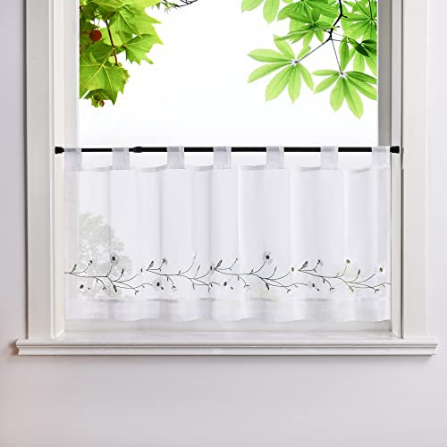 HeichkelL Bestickte Scheibengardine Voile Kurzstores mit Schlaufen Pastorale Küchengardinen Landhausstil Bistrogardine Weiß BxH 90x45 cm