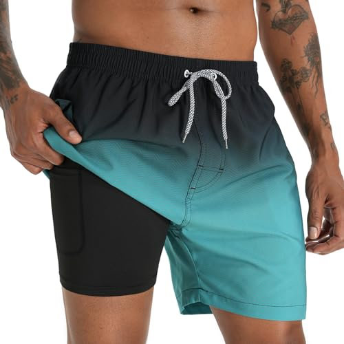 iCKER Swim Shorts Men Swim Trunks 2 in 1 Compression Liner Quick Dry Swimming Board Beach Shorts,Green,L