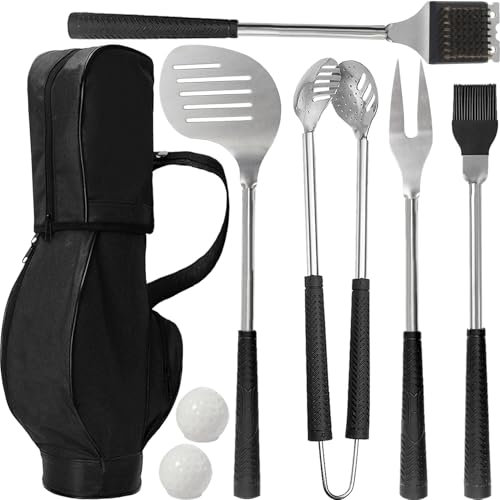 Jishi Grillwerkzeuge mit Golf-Thema, 8-teiliges Grillset mit schwarzer Mini-Golfschlägertasche
