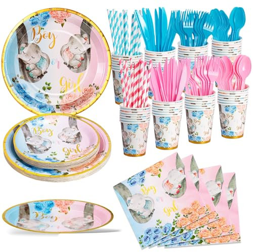Nkaiso Babyparty Deko Junge Partygeschirr Set 192 Stück Elefant Party Gender Reveal Supplies Party Deko Set Pappteller Servietten Wiederverwendbar Geschirr - 24 Gäste