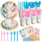 Nkaiso Babyparty Deko Junge Partygeschirr Set 192 Stück Elefant Party Gender Reveal Supplies Party Deko Set Pappteller Servietten Wiederverwendbar Geschirr - 24 Gäste