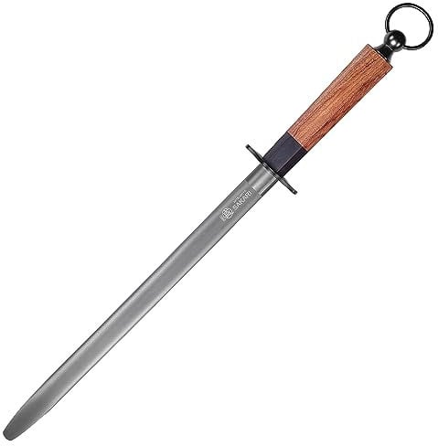 MITSUMOTO SAKARI 44 cm Japanischer Wetzstahl Für Messer, Flacher Messerschärfer Stab Hohem Kohlenstoffgehalt, Professioneller Wetzstab mit Rosenholzgriff und Exquisite Holzkiste