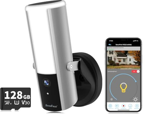 SecuFirst Caméra extérieure Wi-FI - Caméra de Surveillance avec éclairage extérieur - 2K QHD - Lampe extérieure avec détecteur de Mouvement, sirène - Luminosité Variable (900 LM), mémoire 128 Go