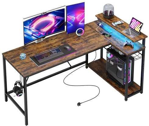 Bestier 147CM L-Shaped Desk with Power Outlets & LED Lights, Reversible Corner Computer Desk with Shelves & Hooks for Home Office or Bedroom Study
