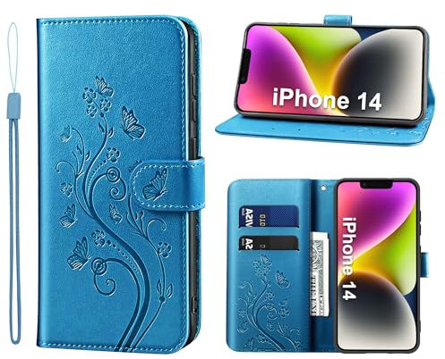 KRAFTCARE Handyhülle für iPhone 14 Hülle, für iPhone 14 Hülle mit Kartenfach Geld Slot Ständer Magnetic Closure, Flip Case Leder Schutzhülle Tasche Handyhülle für iPhone 14 Hülle, Blau