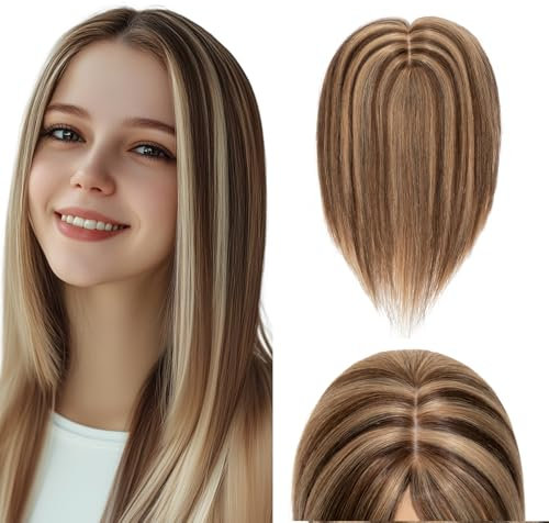 Elailite Hair Topper Echthaar, Toupet Damen, Clip in Haarteil, Haartopper Basis 10x12cm, 45cm #4P27 Mittelbraun/Honigblond
