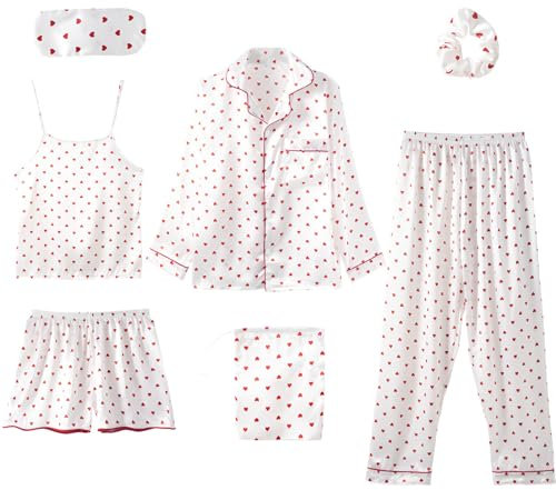 Jamron Damen 7PCS Satin Pyjama Set Frühling Sommer Herbst Tops & Kurze Hose Nachtwäsche SN07655 Rot Herz M