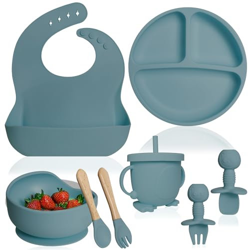 Bluet B Baby - Vajilla Bebe Silicona - Plato Bebe Ventosa - Vajilla Infantil Antideslizante sin BPA - Set Silicona Platos Bebe - Cubiertos Bebe BLW - 8 piezas (Azul Oscuro)