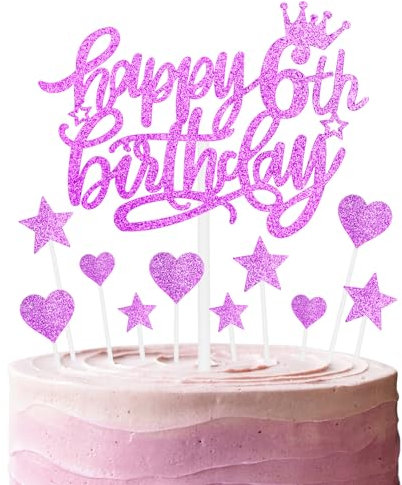 11pcs Happy 6th Birthday Cake Toppers - Hot Pink Glitter Heart Stars for Girls' 6th Birthday Cake Decorations