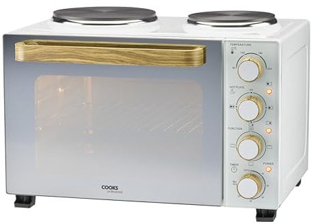 Cooks Professional Mini Oven with Hobs | Energy Efficient Electric Countertop Cooker with Two Hot Plate Hobs & Wire Rack Baking Tray | Kitchen Table Top Grill Ovens | 28L Capacity | Nordic White�