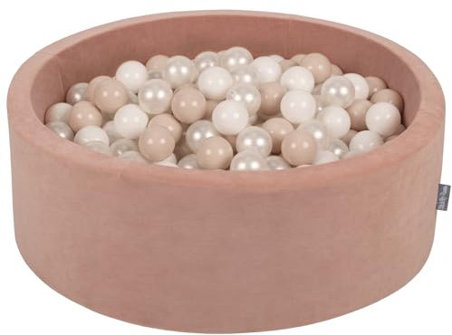 KiddyMoon Piscine À Balles pour Bébé Velours Rond 90X30cm/200 Balles 7Cm Fosses À Boules Jouet Enfant, Rose des Sables: Beige Pastel/Blanc/Perle