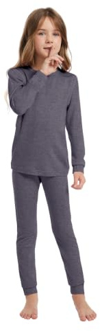 Woolcano Ensemble Thermique Enfant 100% Laine Mérinos, Haut et Pantalon Chauds pour Hiver, Ski, Patinage & Neige 190g/m² Gris Chiné 9-10