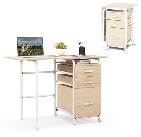 LIFEZEAL Escritorio Plegable, Escritorio de Trabajo con cajones y Ruedas, Mesa de Ordenador Multifuncional con Estructura metálica, Escritorio con archivadores para Estudio, Oficina (Natural)