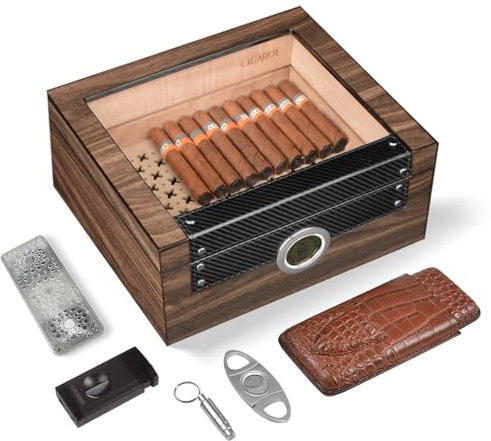 Volenx Boîte à Cigare, Élégante Cave à Cigare Fait à La Main, Humidor Cigare avec Coupe Cigare, Briquet et Humidificateur, Contenir Environ 70 Cigares, Superbe Cadeau pour Hommes (Cigare Non Inclus)