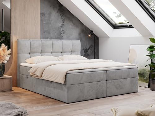 MKS MEBLE Boxspringbett 120x200 mit Bettkasten Grau Samt, Bett mit Matratze H3 Topper, Polsterbett 120x200 mit Bettkasten Kopfteil, Boxspringbett mit Matratze H3, RICO Hellgrau Velvet