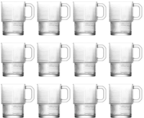 LAV 12x Clear 270ml Helen Stacking Glass Coffee Cups - Latte Tea Hot Chocolate Cappuccino Espresso Drinking Mugs Glasses Set with Handle
