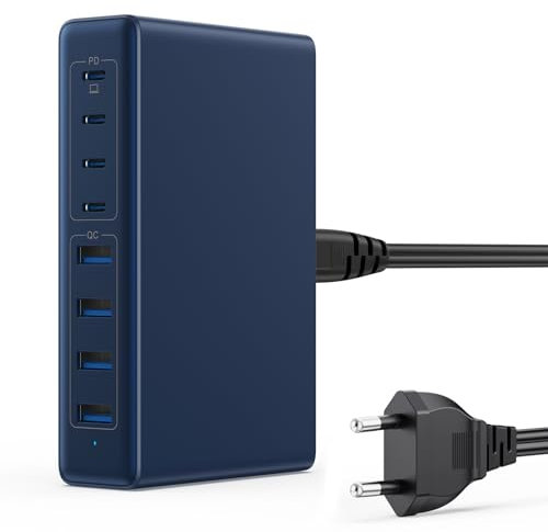 200W Chargeur USB C Multiple, 8-Port GaN III Prise USB C Chargeur Rapide QC4.0+PD 65W Chargeur USB C pour Ordinateur Portable Alimentation Adaptateur pour MacBook Pro/Air, iPhone, Samsung Galaxy(Bleu)