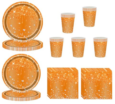 60 Pcs Orange Party Tableware Set - Sparkling Orange Paper Dinnerware Kit for Thanksgiving, Birthday, Autumnal Party