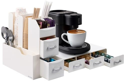 Navaris Casier de Rangement Cafe - Tiroir Plastique Distributeur Capsules Dosettes et Boite avec Compartiment pour Touillette Sucre Gobelet - Boîte de Rangement Cuisine Maison