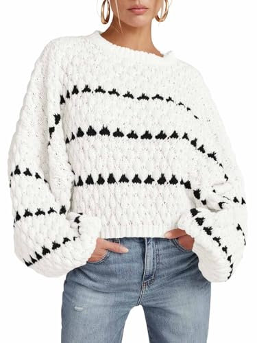 Saodimallsu Damen Pullover Oversize Herbst Strickpullover Elegant Winter Gestreifte Pulli Puffärmel Rundhal Jumper, Weiß, XL