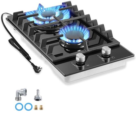 Amzgachfktch 30,5 cm Gaskochfeld, schwarzes gehärtetes Glas