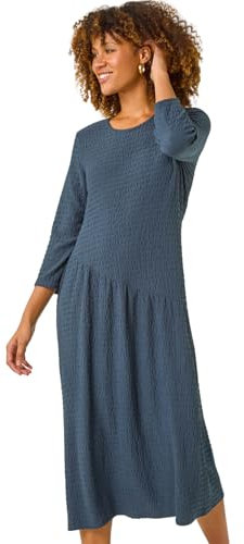 Roman Textured A-Line Stretch Midi Dress for Women UK - Ladies Autumn Everyday Winter Holiday Round Neckline Comfy 3/4 Sleeve Soft Jersey Frock Warm Cozy Gowns - Dark Grey - Size 12