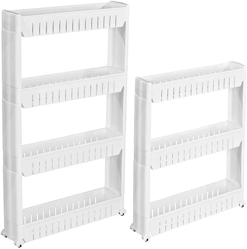 HYGRAD Slim Kitchen Trolley With Wheels 3 Tier 4 Tier Kitchen Organiser Trolley Slide In Space Saving Bathroom Storage Cart With Caster Wheels White Or Grey (White, 4 Tier - 101cm high)
