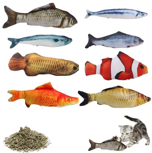 JazRvr Katzenminze Spielzeugs, 8 Stück Fisch Spielzeug für Katzen, Katzenspielzeug Fisch mit Katzenminze, Interaktives Spielzeug für Haustiere, 18-20 cm Größe, Ideal für Indoor Spiel und Stressabbau