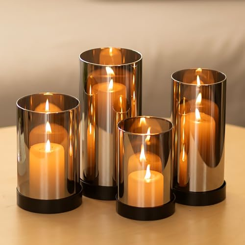 Hewory Windlicht Glas Schwarz Deko: 4er Set Groß Windlichter Tischdeko Wohnzimmer Modern Metall Kerzengläser für Garten Outdoor Kerzenhalter Glaszylinder für Kerzen